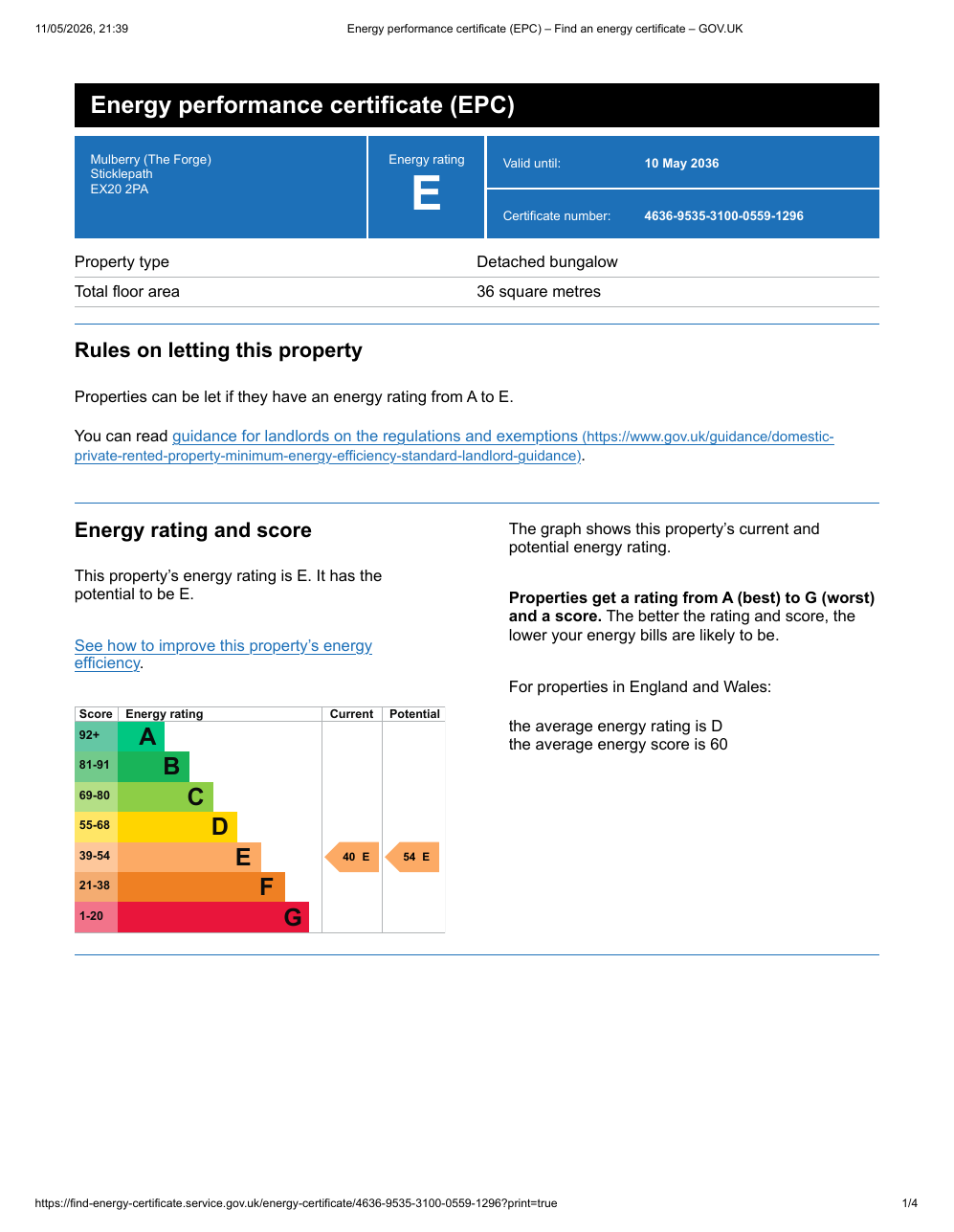 EPC certificate for the Sticklepath holiday let — E (40) current, E (54) potential